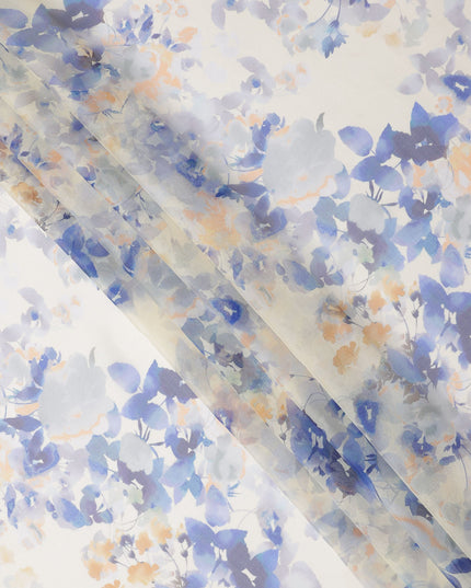 Ivory Base Lavender Blue Floral Mist Printed Pure Silk Chiffon Fabric, 110 Cms Width, Made in South Korea-D24016