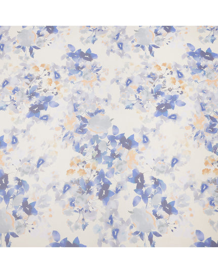 Ivory Base Lavender Blue Floral Mist Printed Pure Silk Chiffon Fabric, 110 Cms Width, Made in South Korea-D24016