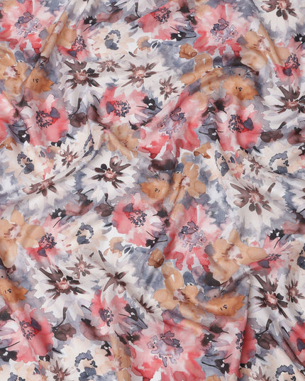 Multicolor Base Abstract Floral Burst Printed Pure Silk Crepe Fabric, 110 Cms Width, Made in India-D24017
