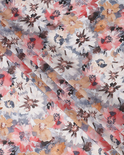 Multicolor Base Abstract Floral Burst Printed Pure Silk Crepe Fabric, 110 Cms Width, Made in India-D24017
