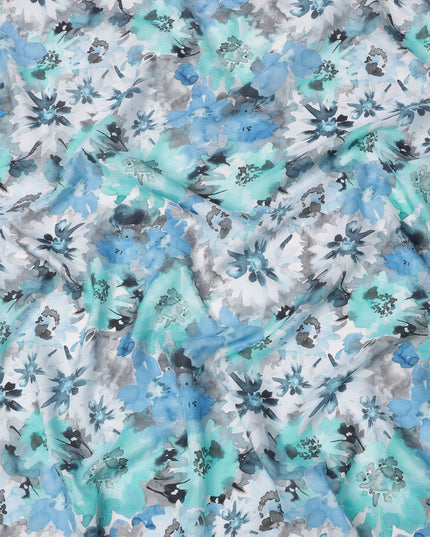 Turquoise Blue and Ice Grey Abstract Floral Printed Pure Silk Crepe Fabric, 110 Cms Width, Made in India-D24018