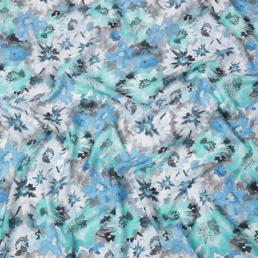 Turquoise Blue and Ice Grey Abstract Floral Printed Pure Silk Crepe Fabric, 110 Cms Width, Made in India-D24018
