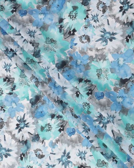 Turquoise Blue and Ice Grey Abstract Floral Printed Pure Silk Crepe Fabric, 110 Cms Width, Made in India-D24018