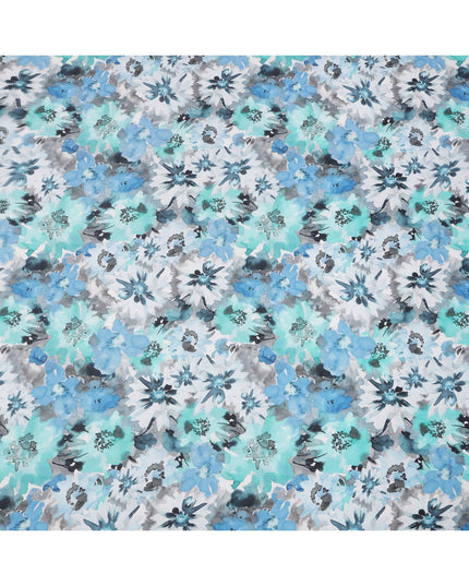 Turquoise Blue and Ice Grey Abstract Floral Printed Pure Silk Crepe Fabric, 110 Cms Width, Made in India-D24018