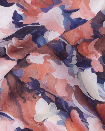 Brick Red and Navy Multicolor Camouflage-Inspired Printed Pure Silk Crepe Fabric, 110 Cms Width, Made in India-D24019
