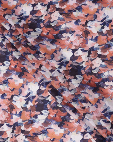 Brick Red and Navy Multicolor Camouflage-Inspired Printed Pure Silk Crepe Fabric, 110 Cms Width, Made in India-D24019
