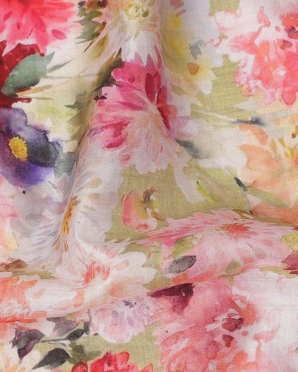 Multicolor Bright Floral Garden Printed Pure Silk Crepe Fabric, 110 Cms Width, Made in India-D24020