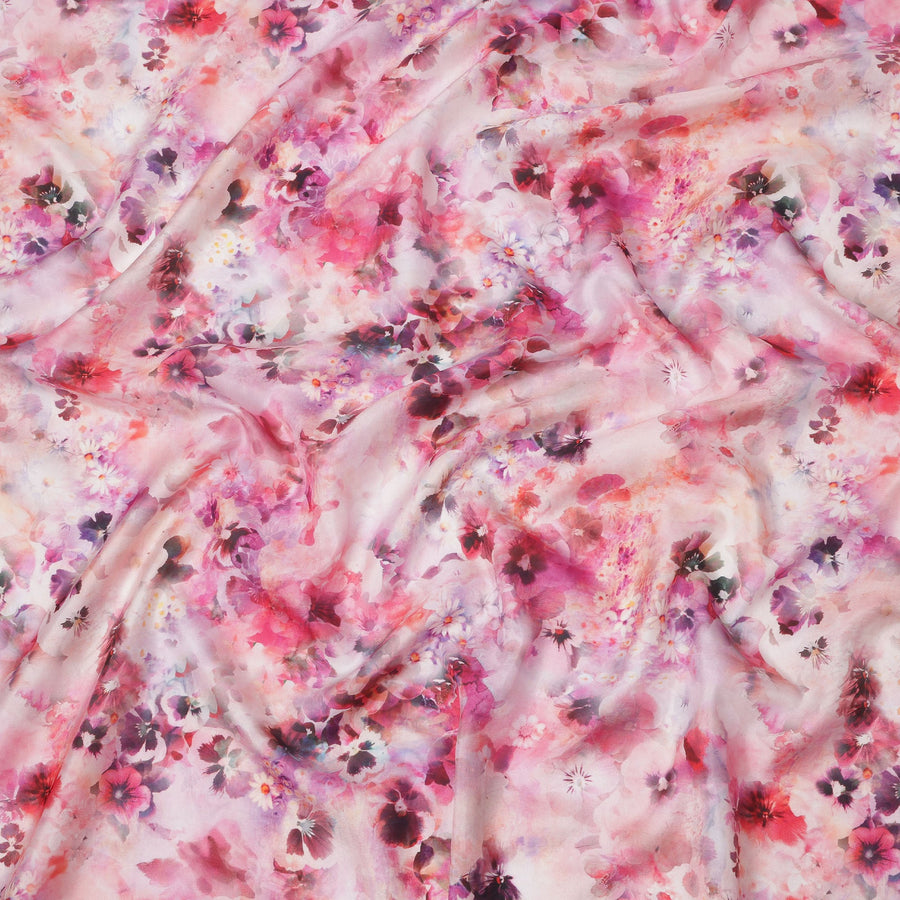 Pink and Fuchsia Watercolor Floral Printed Pure Silk Crepe Fabric, 110 Cms Width, Made in India-D24021