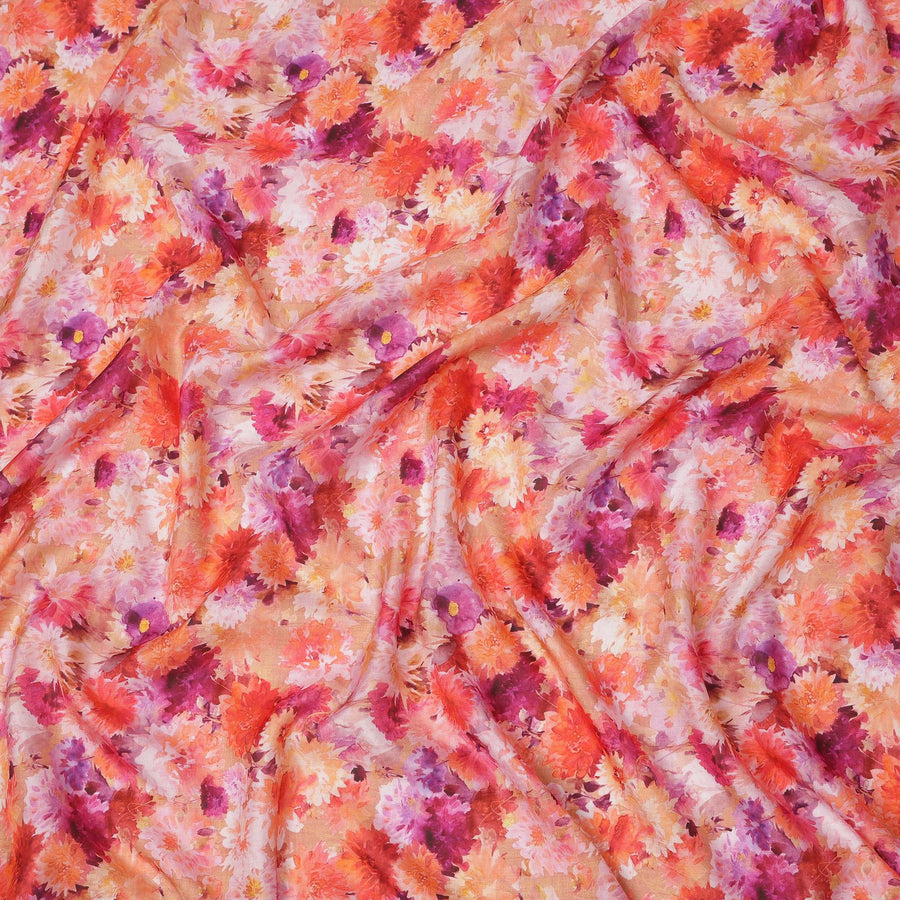 Orange and Coral Bold Floral Printed Pure Silk Crepe Fabric, 110 Cms Width, Made in India-D24022
