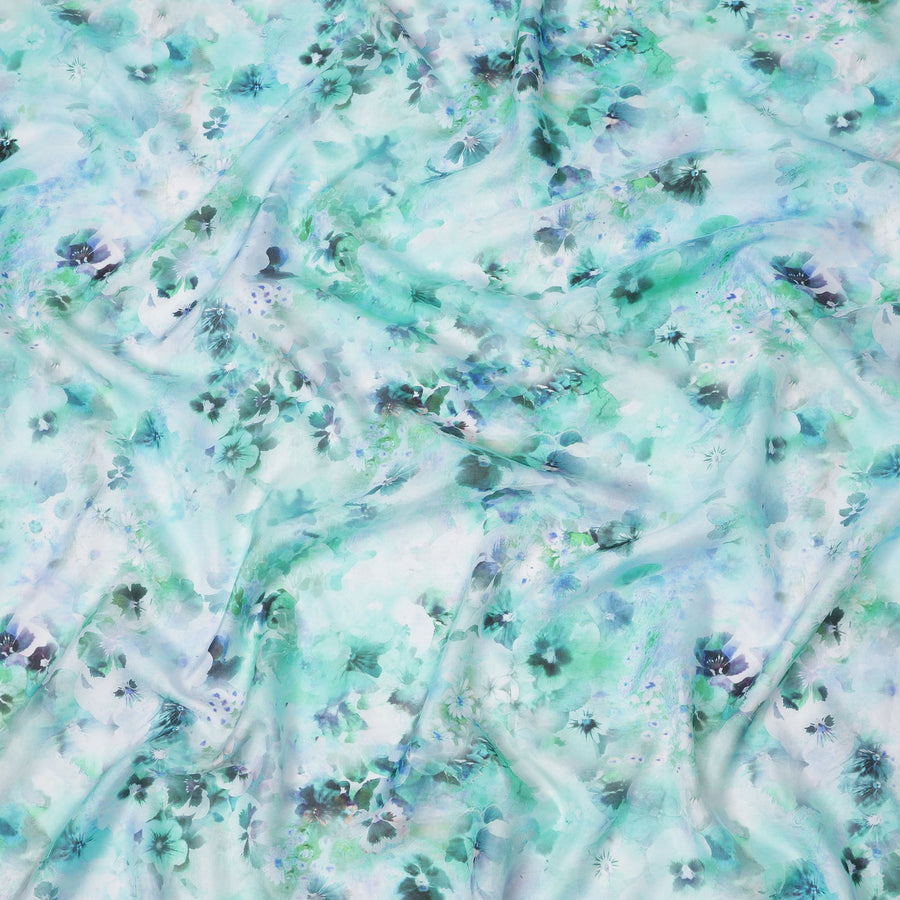Mint Green and Teal Watercolor Floral Printed Pure Silk Crepe Fabric, 110 Cms Width, Made in India-D24023