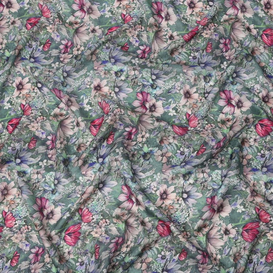 Dusty Green Base Multicolor Floral and Butterfly Printed Pure Silk Crepe Fabric, 110 Cms Width, Made in India-D24024