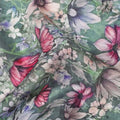 Dusty Green Base Multicolor Floral and Butterfly Printed Pure Silk Crepe Fabric, 110 Cms Width, Made in India-D24024