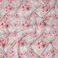 Sky Blue Base Pink and Yellow Tropical Floral Printed Pure Silk Crepe Fabric, 110 Cms Width, Made in India-D24025