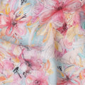 Sky Blue Base Pink and Yellow Tropical Floral Printed Pure Silk Crepe Fabric, 110 Cms Width, Made in India-D24025