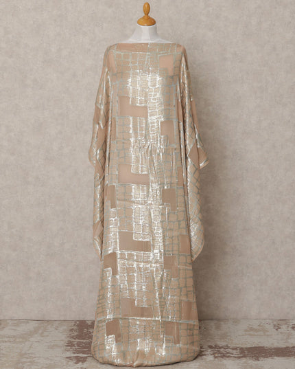 Beige Metallic Somali Chiffon Dirac with Silver Lurex Grid Design, 3.5 Mtrs, Width 140 Cms, Made in South Korea-D24026