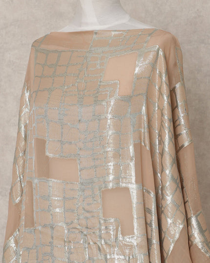 Beige Metallic Somali Chiffon Dirac with Silver Lurex Grid Design, 3.5 Mtrs, Width 140 Cms, Made in South Korea-D24026