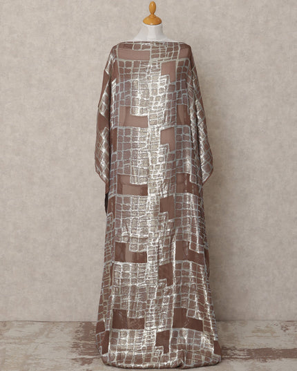 Chocolate Brown Metallic Somali Chiffon Dirac with Silver Lurex Grid Design, 3.5 Mtrs, Width 140 Cms, Made in South Korea-D24027