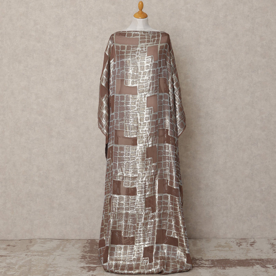 Chocolate Brown Metallic Somali Chiffon Dirac with Silver Lurex Grid Design, 3.5 Mtrs, Width 140 Cms, Made in South Korea-D24027