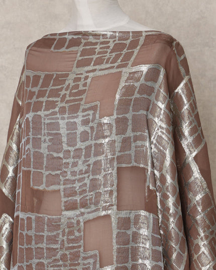 Chocolate Brown Metallic Somali Chiffon Dirac with Silver Lurex Grid Design, 3.5 Mtrs, Width 140 Cms, Made in South Korea-D24027
