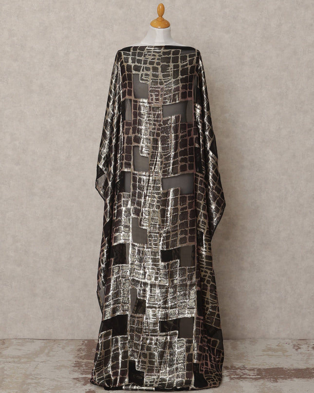 Black Metallic Somali Chiffon Dirac with Silver Lurex Grid Design, 3.5 Mtrs, Width 140 Cms, Made in South Korea-D24028