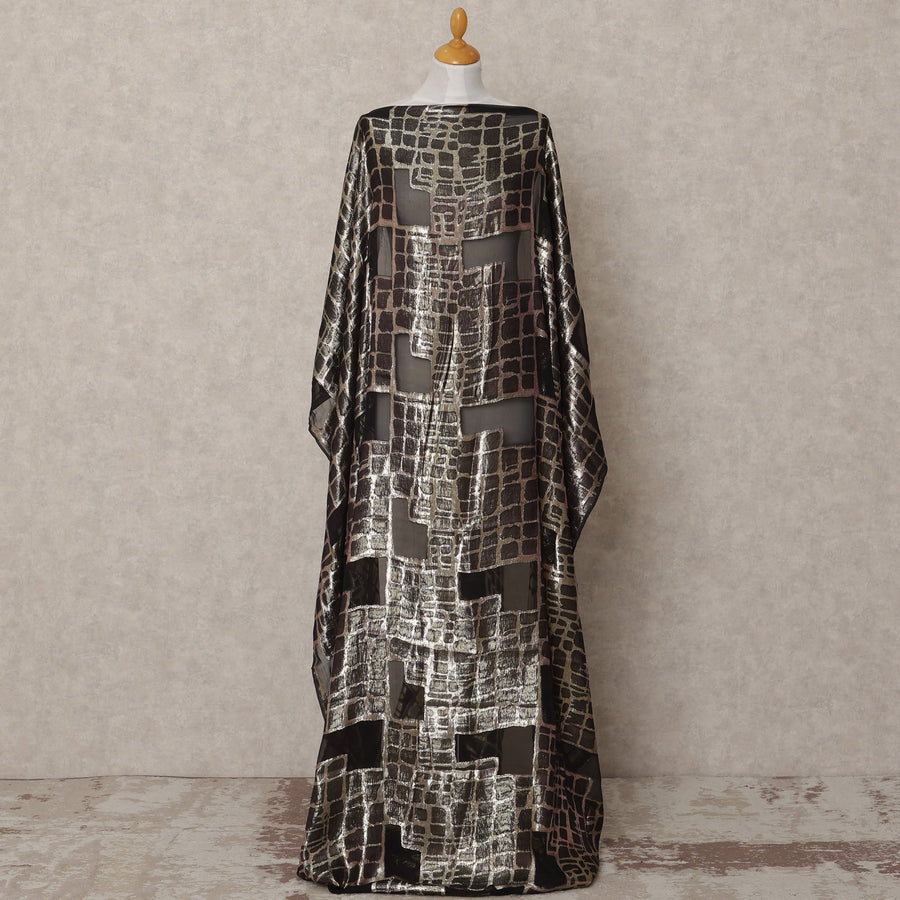 Black Metallic Somali Chiffon Dirac with Silver Lurex Grid Design, 3.5 Mtrs, Width 140 Cms, Made in South Korea-D24028