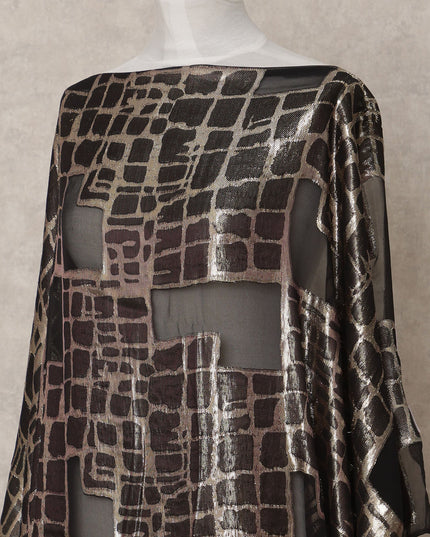 Black Metallic Somali Chiffon Dirac with Silver Lurex Grid Design, 3.5 Mtrs, Width 140 Cms, Made in South Korea-D24028