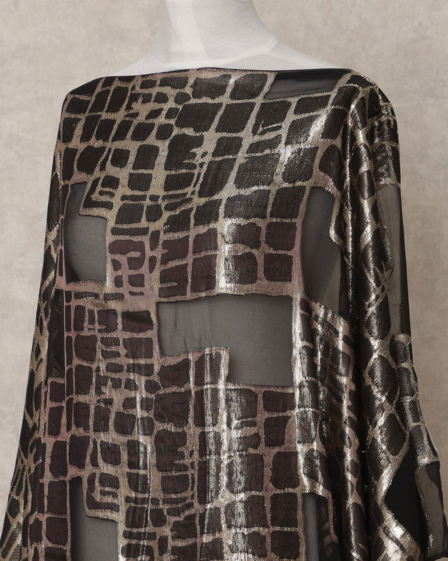 Black Metallic Somali Chiffon Dirac with Silver Lurex Grid Design, 3.5 Mtrs, Width 140 Cms, Made in South Korea-D24028