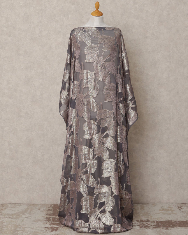 Smokey Grey Somali Chiffon Dirac with Metallic Leaf Lurex Design, 3.5 Mtrs, Width 140 Cms, Made in South Korea-D24029 - Regal Fabrics