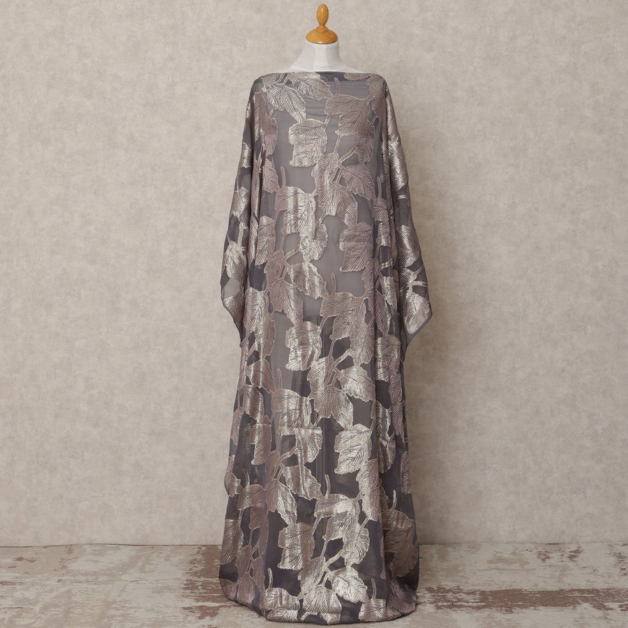 Smokey Grey Somali Chiffon Dirac with Metallic Leaf Lurex Design, 3.5 Mtrs, Width 140 Cms, Made in South Korea-D24029 - Regal Fabrics