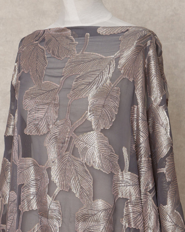 Smokey Grey Somali Chiffon Dirac with Metallic Leaf Lurex Design, 3.5 Mtrs, Width 140 Cms, Made in South Korea-D24029 - Regal Fabrics