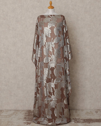 Coffee Brown Somali Chiffon Dirac with Silver Metallic Leaf Lurex Design, 3.5 Mtrs, Width 140 Cms, Made in South Korea-D24030