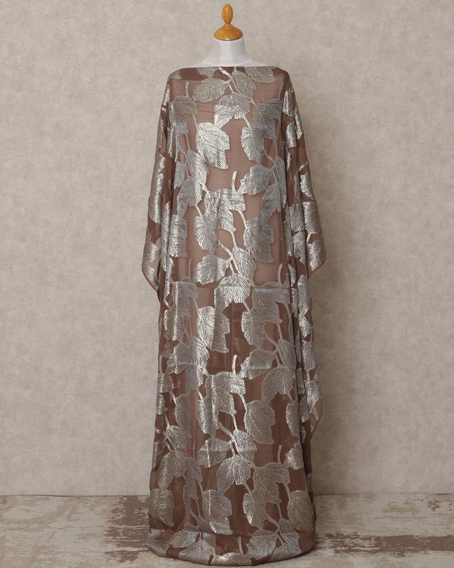 Coffee Brown Somali Chiffon Dirac with Silver Metallic Leaf Lurex Design, 3.5 Mtrs, Width 140 Cms, Made in South Korea-D24030