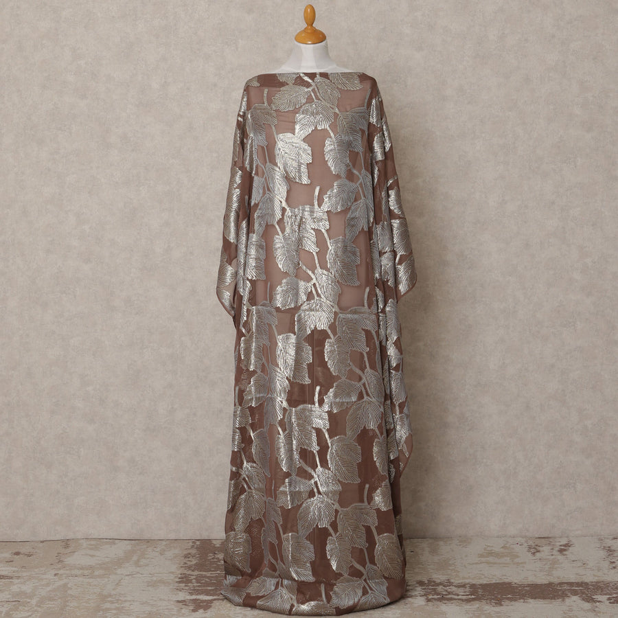 Coffee Brown Somali Chiffon Dirac with Silver Metallic Leaf Lurex Design, 3.5 Mtrs, Width 140 Cms, Made in South Korea-D24030