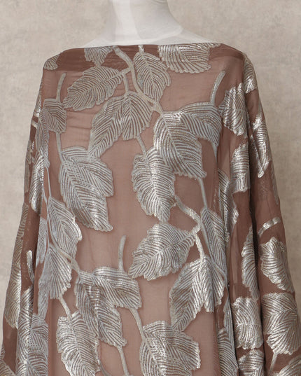 Coffee Brown Somali Chiffon Dirac with Silver Metallic Leaf Lurex Design, 3.5 Mtrs, Width 140 Cms, Made in South Korea-D24030