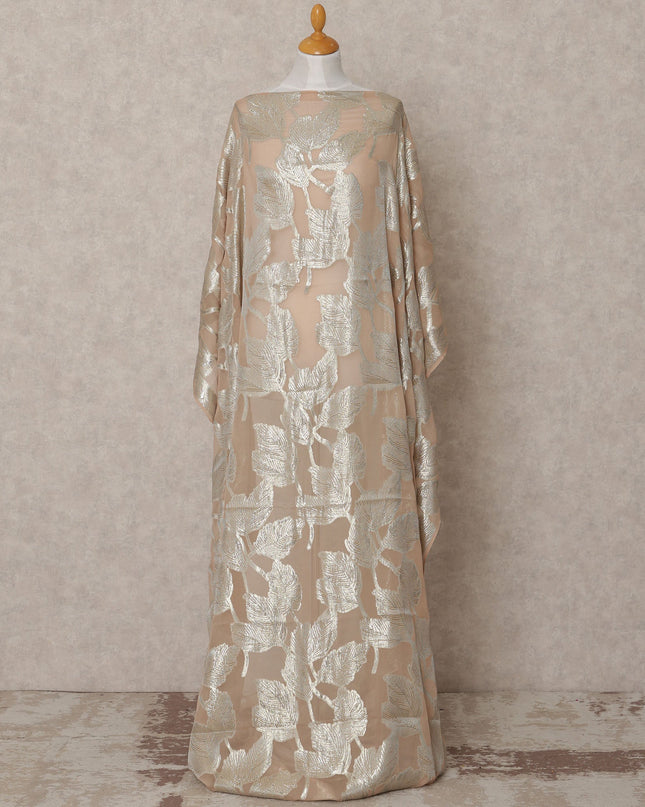 Champagne Peach Somali Chiffon Dirac with Silver Metallic Leaf Lurex Design, 3.5 Mtrs, Width 140 Cms, Made in South Korea-D24031