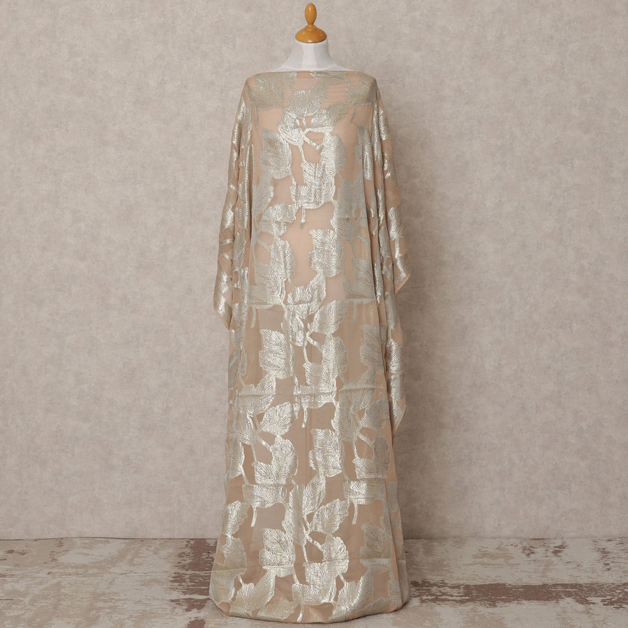 Champagne Peach Somali Chiffon Dirac with Silver Metallic Leaf Lurex Design, 3.5 Mtrs, Width 140 Cms, Made in South Korea-D24031