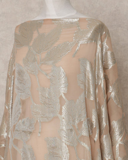 Champagne Peach Somali Chiffon Dirac with Silver Metallic Leaf Lurex Design, 3.5 Mtrs, Width 140 Cms, Made in South Korea-D24031