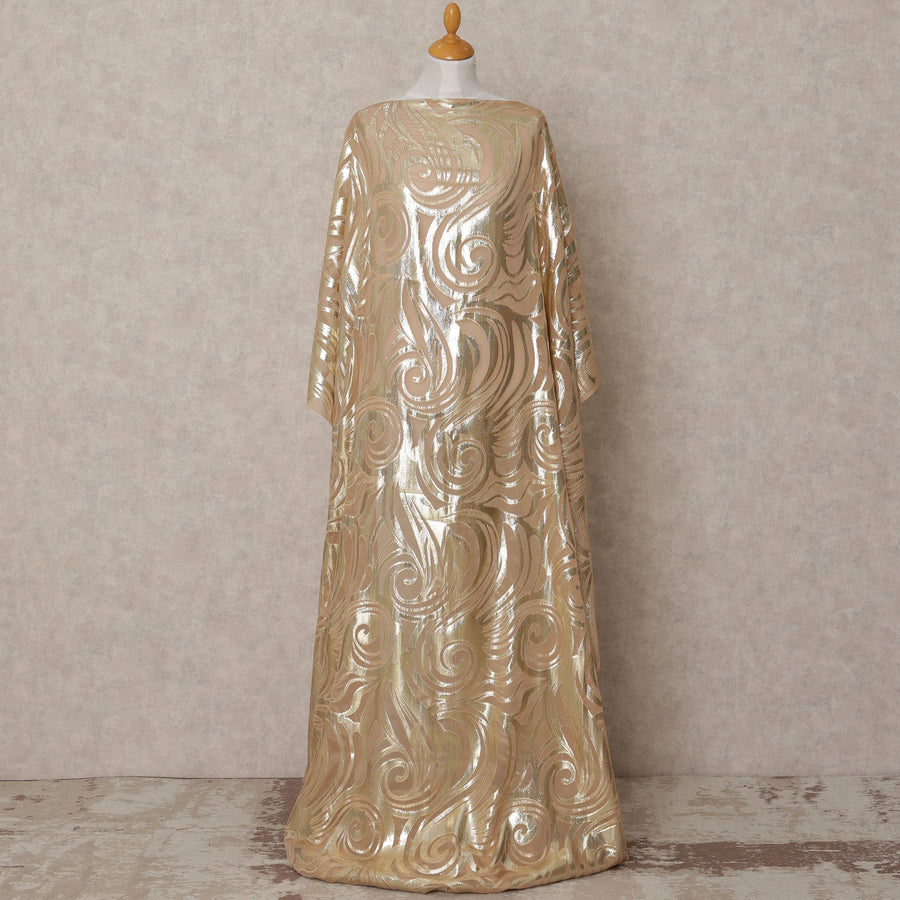 Golden Beige Somali Chiffon Dirac with Metallic Swirl Lurex Design, 3.5 Mtrs, Width 140 Cms, Made in South Korea-D24032