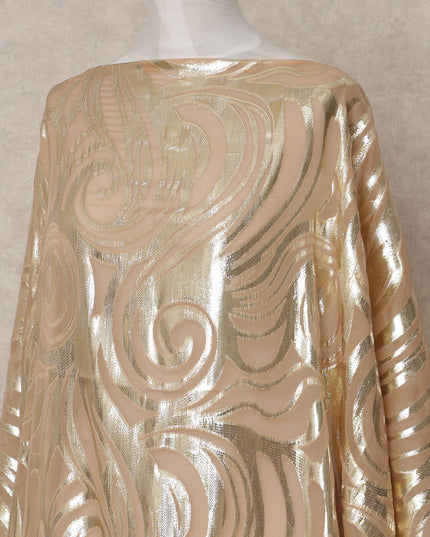 Golden Beige Somali Chiffon Dirac with Metallic Swirl Lurex Design, 3.5 Mtrs, Width 140 Cms, Made in South Korea-D24032
