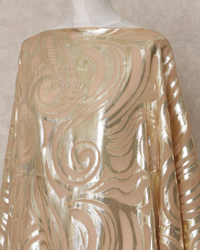 Golden Beige Somali Chiffon Dirac with Metallic Swirl Lurex Design, 3.5 Mtrs, Width 140 Cms, Made in South Korea-D24032