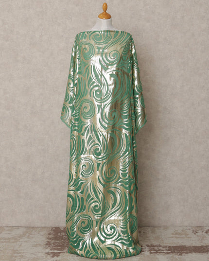 Emerald Green Somali Chiffon Dirac with Gold Metallic Swirl Lurex Design, 3.5 Mtrs, Width 140 Cms, Made in South Korea-D24033