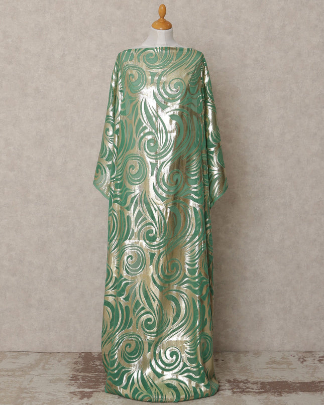 Emerald Green Somali Chiffon Dirac with Gold Metallic Swirl Lurex Design, 3.5 Mtrs, Width 140 Cms, Made in South Korea-D24033