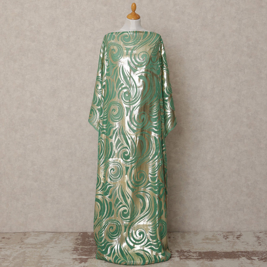 Emerald Green Somali Chiffon Dirac with Gold Metallic Swirl Lurex Design, 3.5 Mtrs, Width 140 Cms, Made in South Korea-D24033