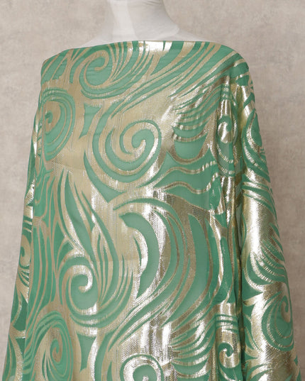 Emerald Green Somali Chiffon Dirac with Gold Metallic Swirl Lurex Design, 3.5 Mtrs, Width 140 Cms, Made in South Korea-D24033