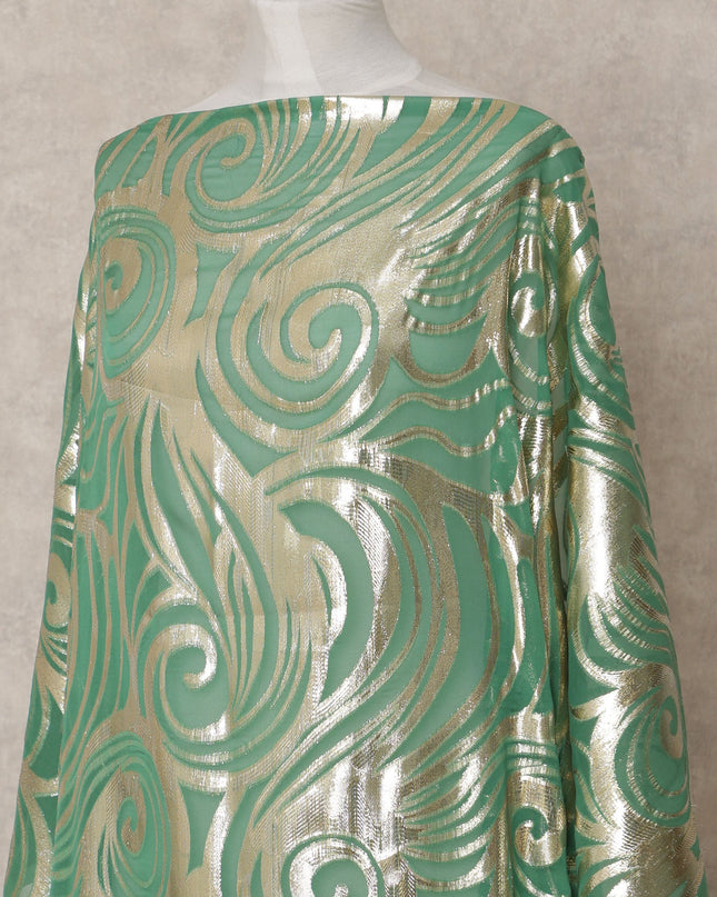 Emerald Green Somali Chiffon Dirac with Gold Metallic Swirl Lurex Design, 3.5 Mtrs, Width 140 Cms, Made in South Korea-D24033