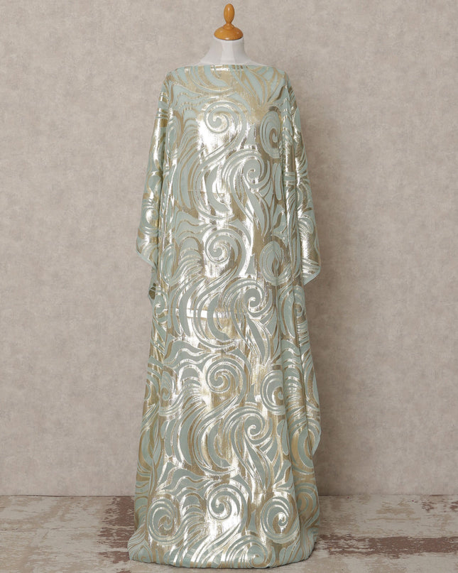Mint Green Somali Chiffon Dirac with Gold Metallic Swirl Lurex Design, 3.5 Mtrs, Width 140 Cms, Made in South Korea-D24034