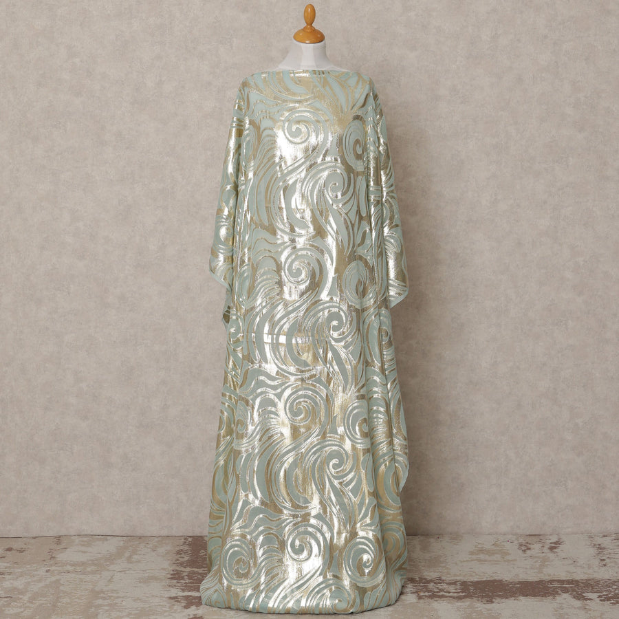 Mint Green Somali Chiffon Dirac with Gold Metallic Swirl Lurex Design, 3.5 Mtrs, Width 140 Cms, Made in South Korea-D24034