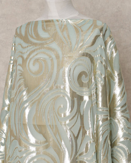Mint Green Somali Chiffon Dirac with Gold Metallic Swirl Lurex Design, 3.5 Mtrs, Width 140 Cms, Made in South Korea-D24034