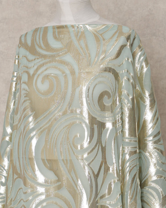 Mint Green Somali Chiffon Dirac with Gold Metallic Swirl Lurex Design, 3.5 Mtrs, Width 140 Cms, Made in South Korea-D24034