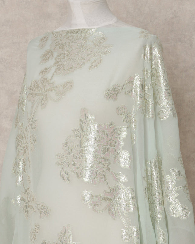Pistachio Green Somali Chiffon Dirac with Floral Metallic Lurex Design, 3.5 Mtrs, Width 140 Cms, Made in South Korea-D24035 - Regal Fabrics